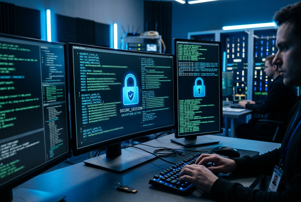 Profesjonalne laboratorium cyberbezpieczeństwa z ekranami wyświetlającymi kody szyfrowania