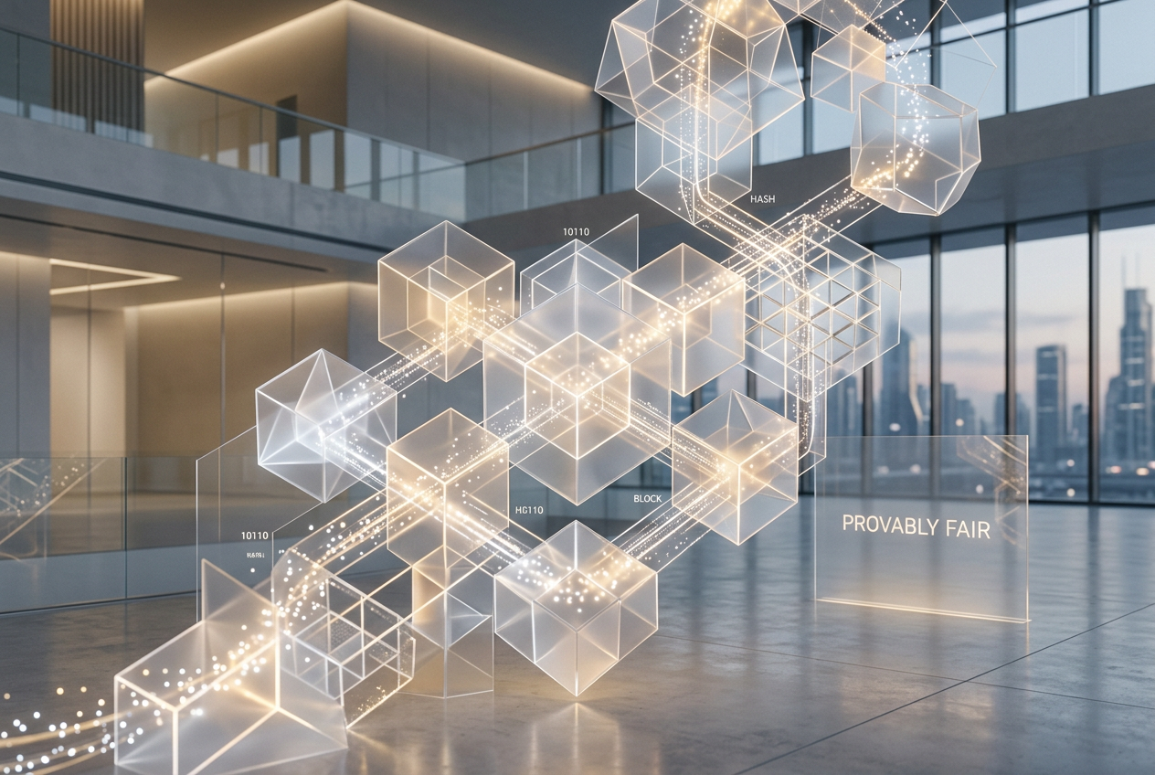 Futuristic cryptographic blocks symbolizing transparency in Provably Fair gaming